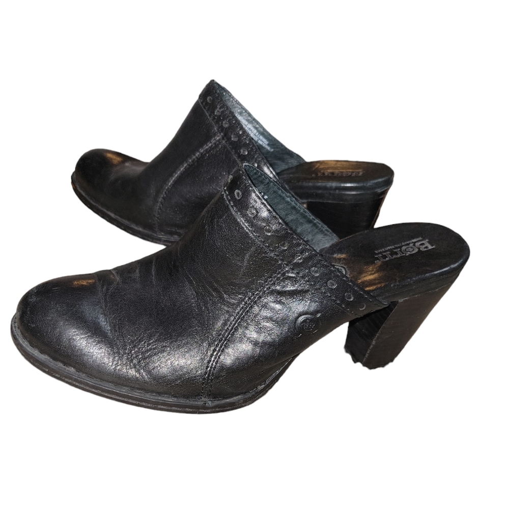 Vintage BORN (9/40.5) Leather Slip On Slides Mules Clogs Block Heels Black  4"
